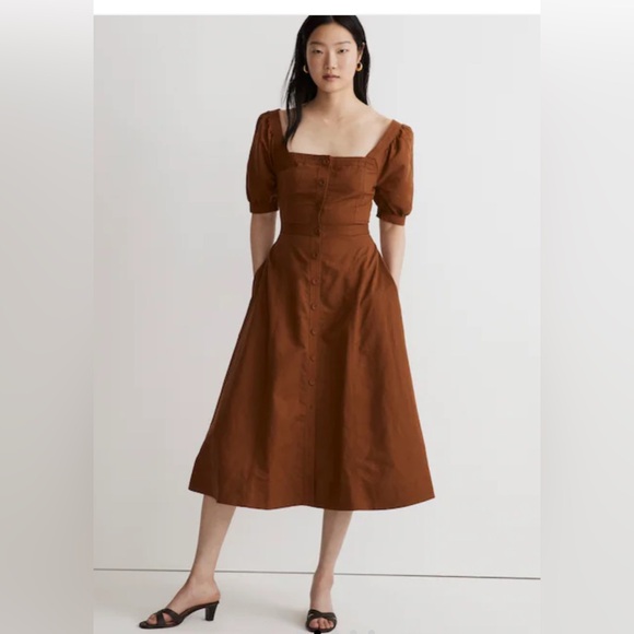 Madewell Seamed Puff-Sleeve Midi Dress Rust Brown Linen Blend Size 4 NWOT - Picture 1 of 6